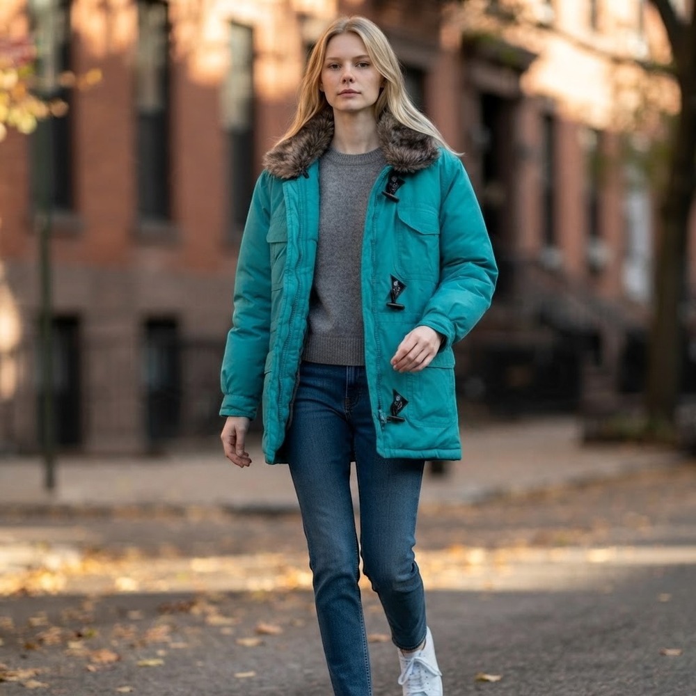 Vintage Excellmode Teal Down Parka Faux Fur Collar Toggle Winter Coat Small